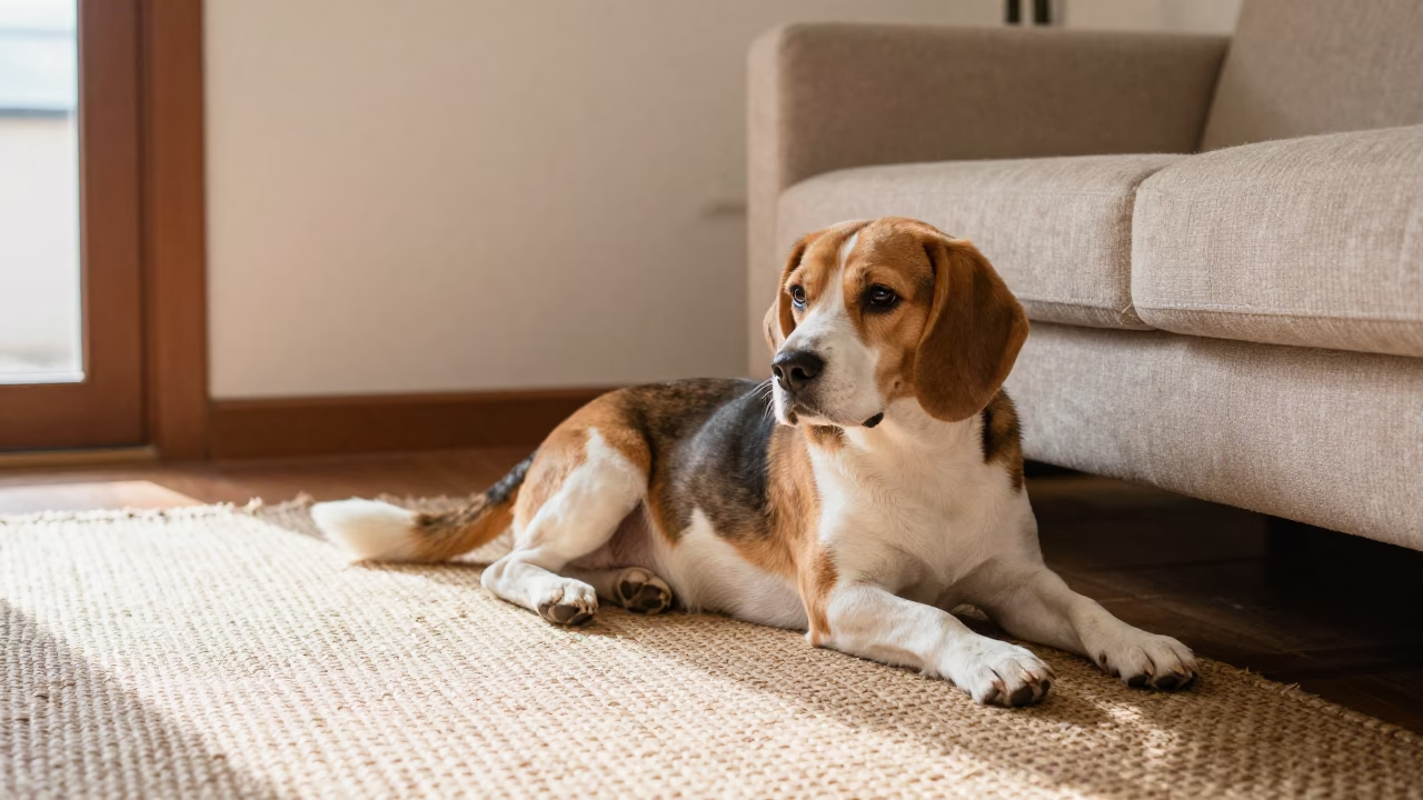 Beagle Resting on Woven Rug in Bahawalpur Home in on a woven rug beside a low couch and an uncluttered wall in Bahawalpur