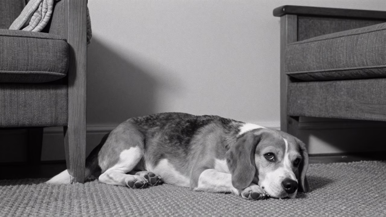 Beagle Resting on Woven Rug in Constantine Home in on a woven rug beside a low couch and an uncluttered wall in Constantine