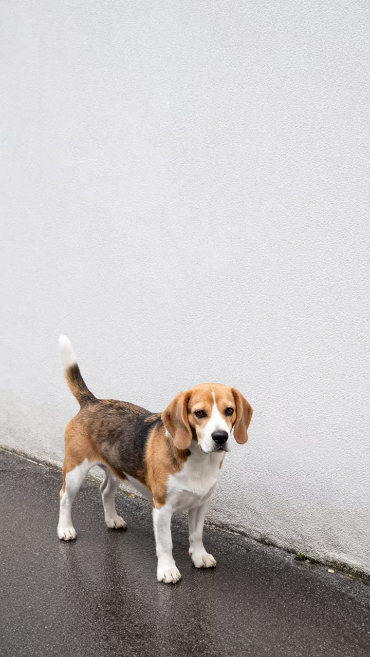 Beagle Standing on Innsbruck Path Near Wall in beside a plain courtyard wall in clear daylight with the animal at eye level in Innsbruck