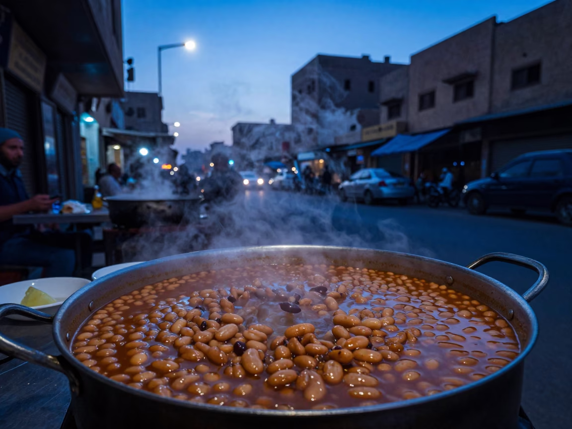 Bean Stew in Cairo at Nautical Dawn Light in in Cairo, Egypt