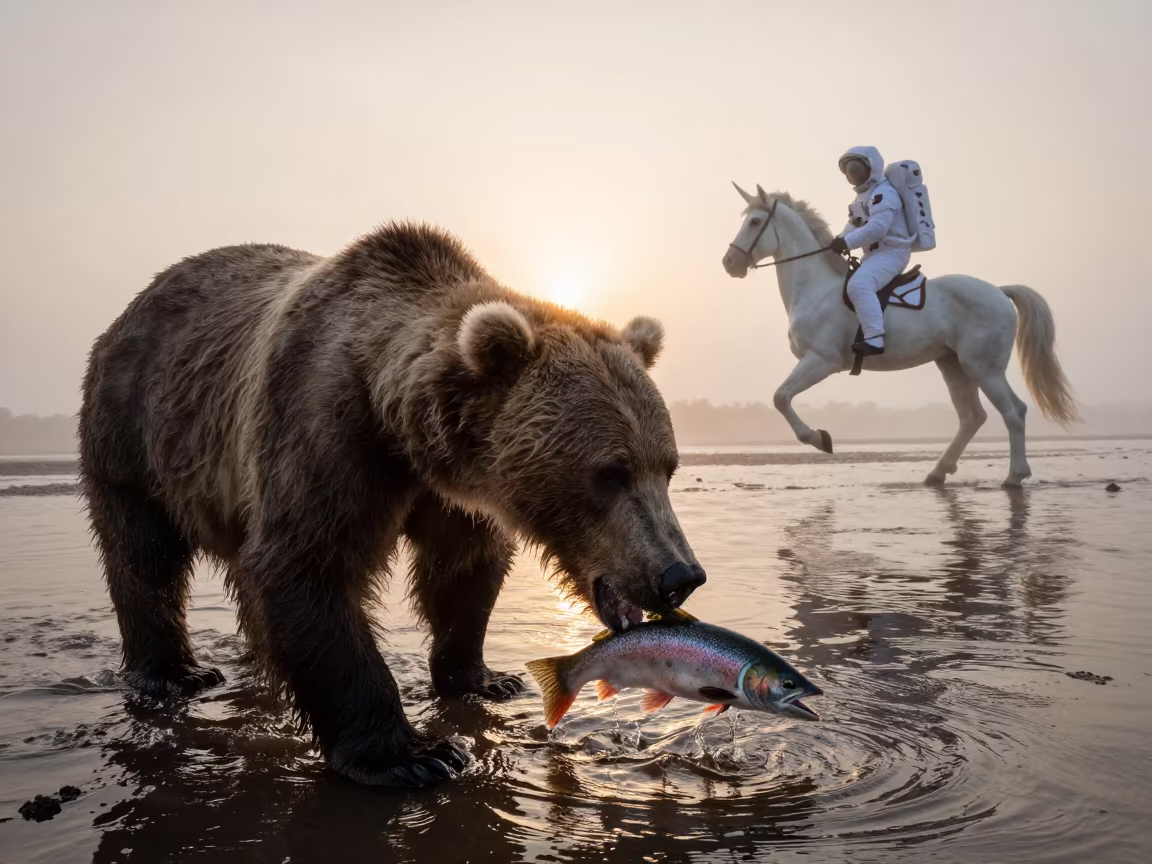 Bear Catching Salmon Amidst Astronaut Unicorn in beside a tidal inlet in Suriname