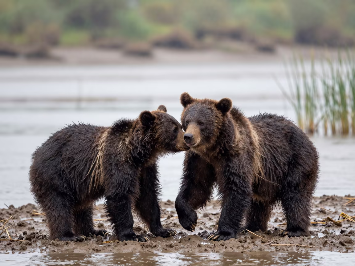 Bear Cubs Wrestling Tidal Inlet After Rain in beside a tidal inlet near Afyonkarahisar