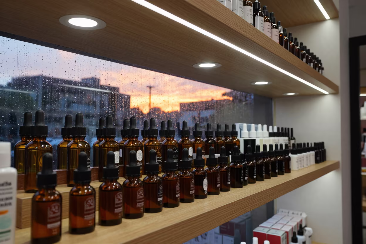 Beard Oil Tester Shelf Reset Navi Mumbai in in a beauty supply area under white LEDs in Navi Mumbai