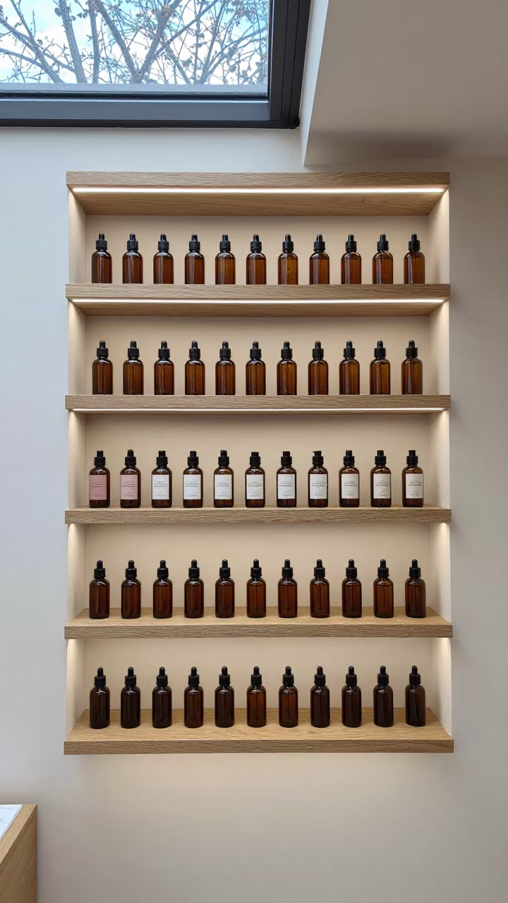 Beard Oil Tester Shelf Reset Podgorica Salon in in a beauty supply area under white LEDs in Podgorica