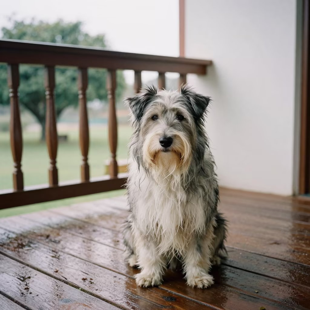 Bearded Collie on Shaded Merida Porch in on a shaded front porch with boards, railings, and eye-level framing near Merida