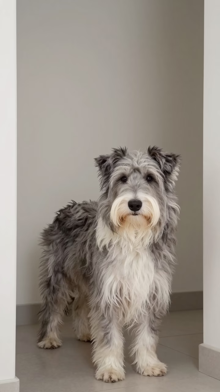 Bearded Collie Portrait Beside Plaster Wall in Bern in beside a plain plaster wall in soft indoor light with the animal centered in frame in Bern