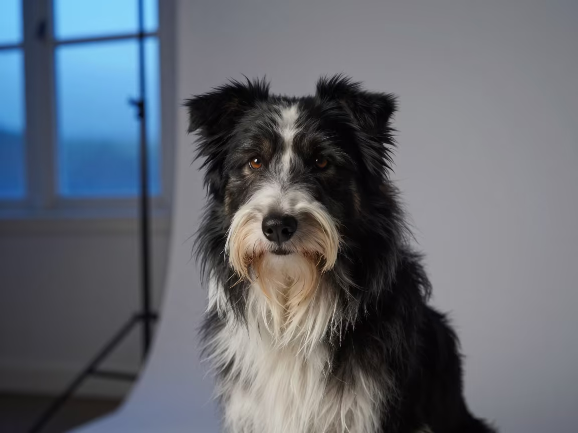 Bearded Collie Portrait Blue Hour Studio Pretoria in in a quiet portrait studio with a plain backdrop and eye-level framing in Pretoria
