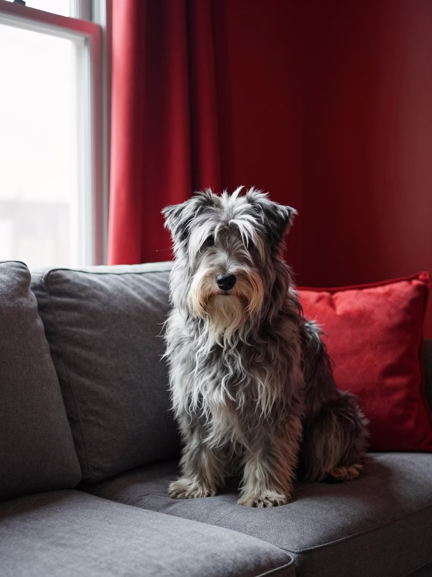 Bearded Collie Portrait Near Curtained Window in on a sofa near a curtained window with calm indoor light near Red Hook, New York
