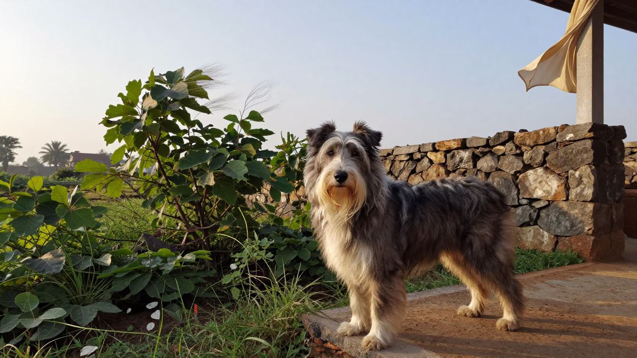 Bearded Collie Portrait Near Garden Edge in near a garden edge with soft morning light and an uncluttered background in Chittoor