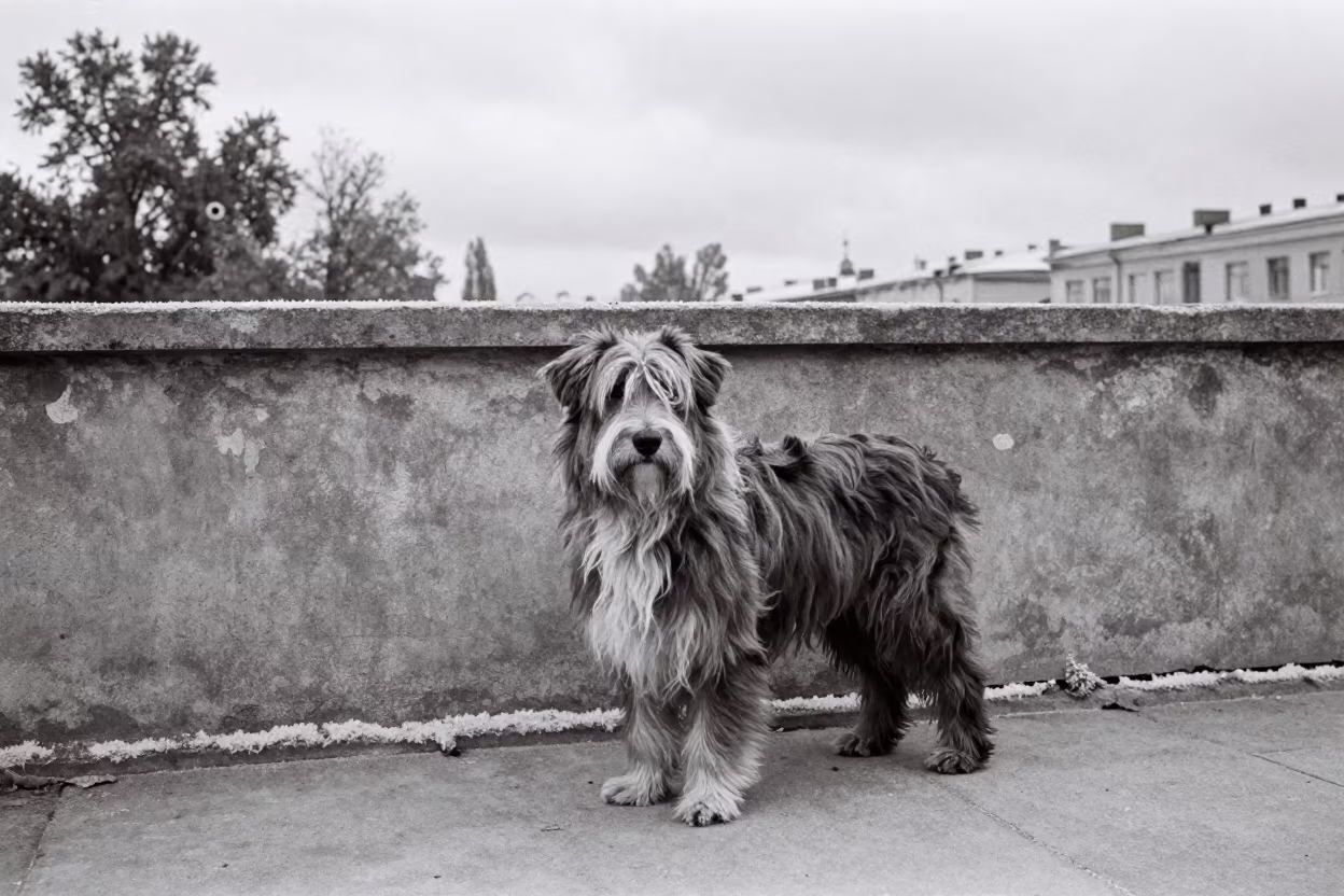 Bearded Collie Portrait Novosibirsk Courtyard Wall in beside a plain courtyard wall in clear daylight with the animal at eye level in Novosibirsk