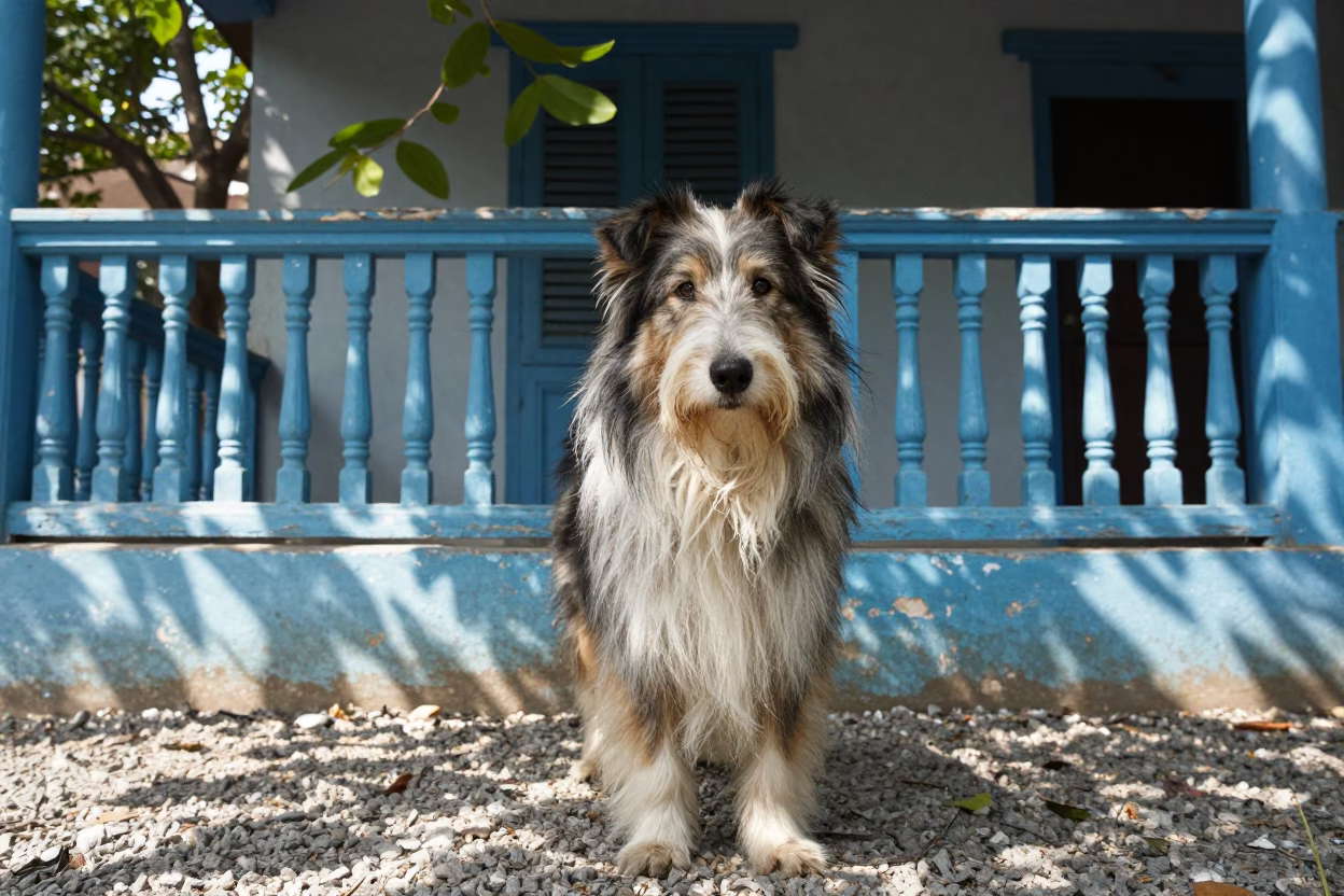 Bearded Collie Portrait on Lucknow Shaded Porch in on a shaded front porch with boards, railings, and eye-level framing in Lucknow