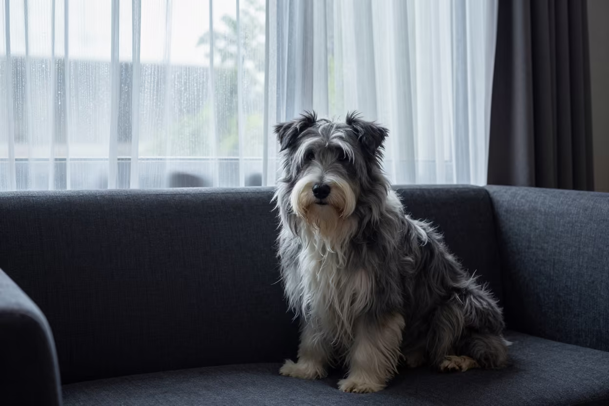 Bearded Collie Portrait on Sofa Near Curtained Window in on a sofa near a curtained window with calm indoor light in Palembang