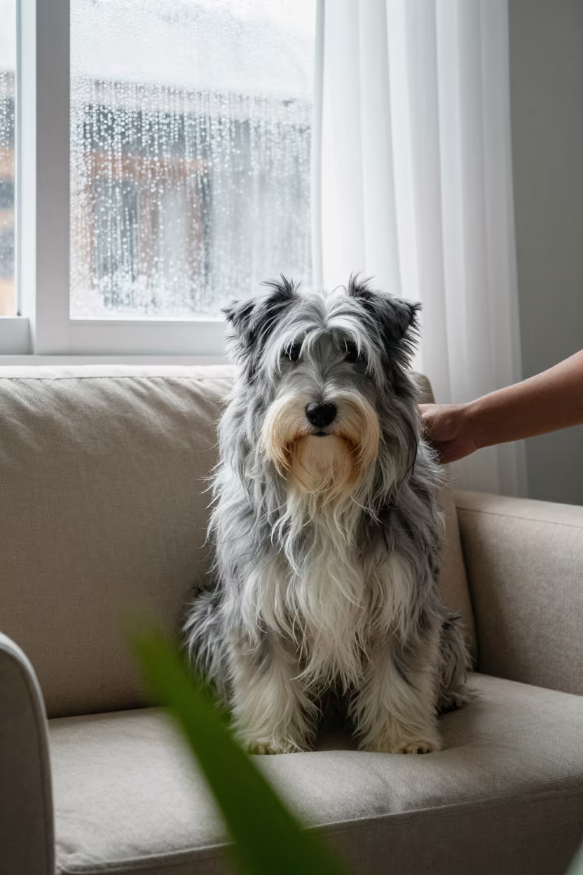 Bearded Collie Portrait on Sofa Near Manila Window in on a sofa near a curtained window with calm indoor light near Manila