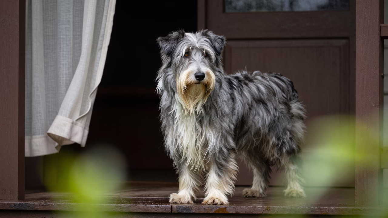 Bearded Collie Portrait on Thane Porch in on a shaded front porch with boards, railings, and eye-level framing in Thane