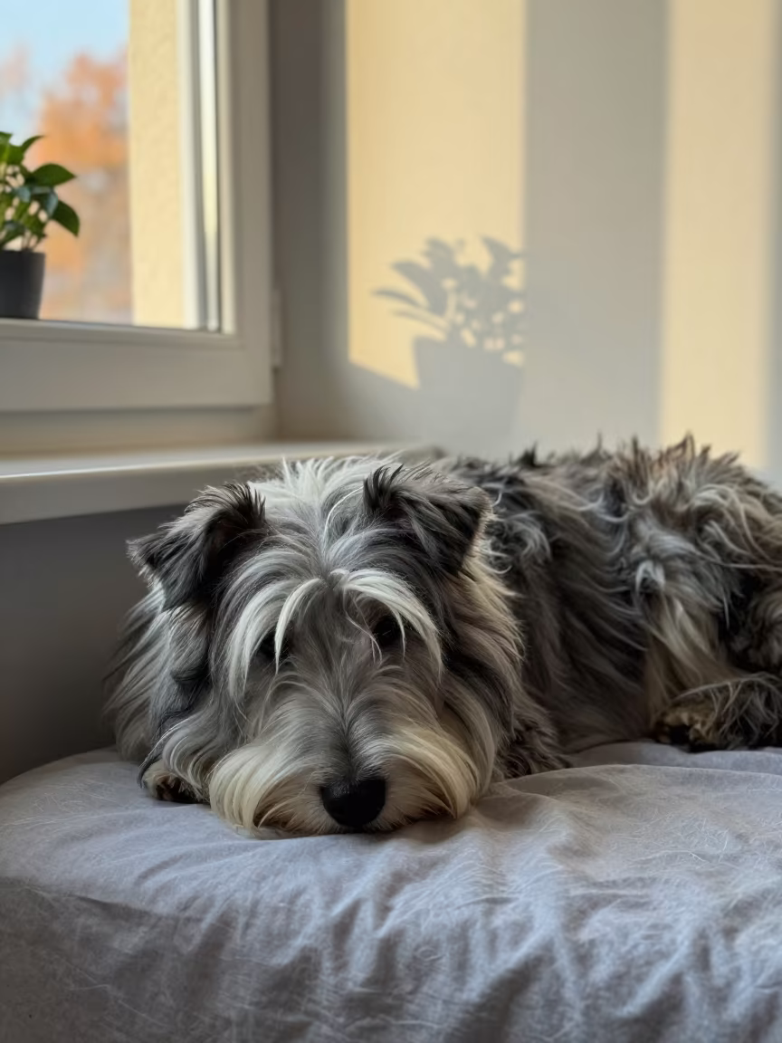 Bearded Collie Resting by Window in Nevşehir in on a bedspread near a bright window with calm indoor light in Nevşehir