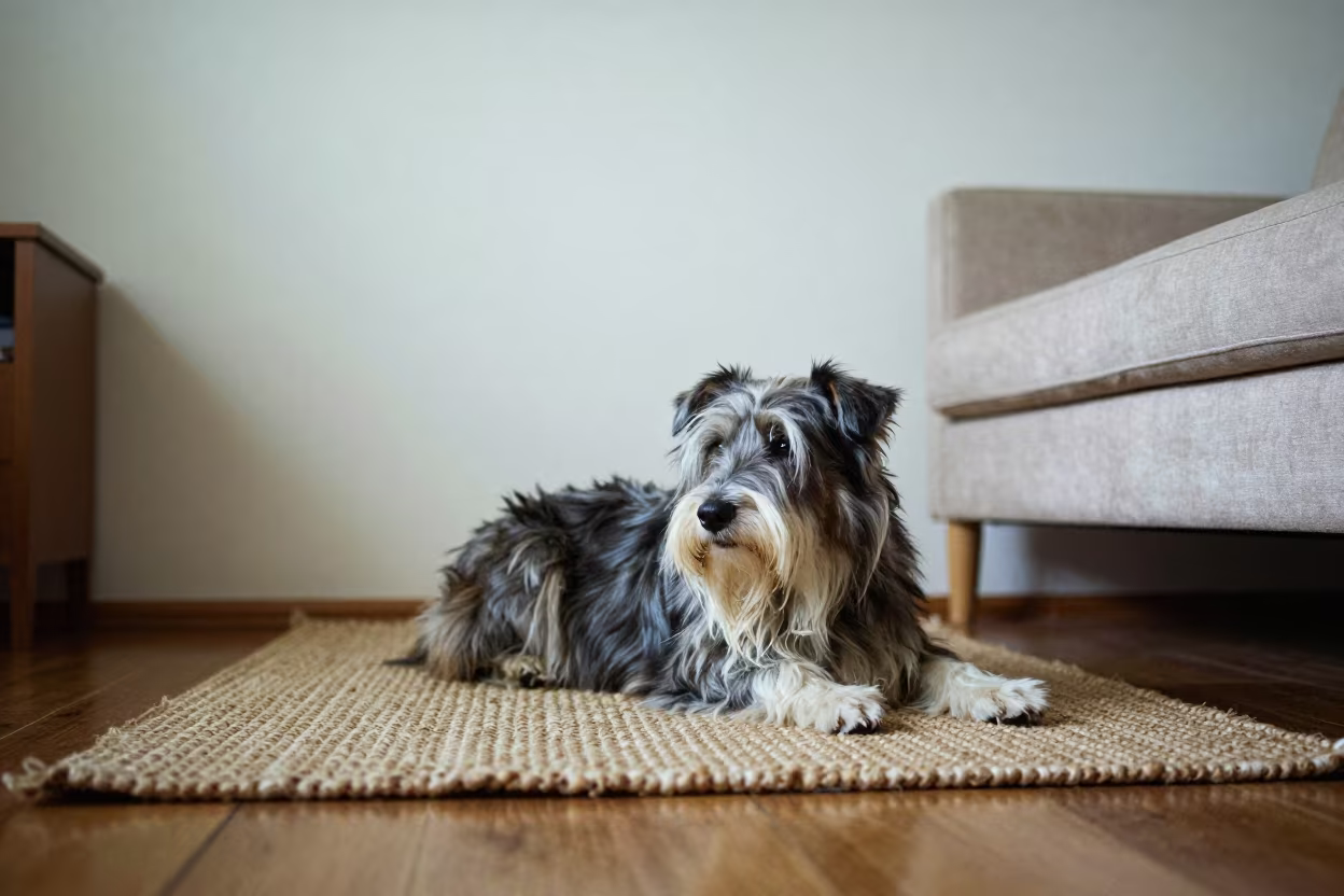 Bearded Collie Resting on Rug in Bologna Dawn in on a woven rug beside a low couch and an uncluttered wall in Bologna