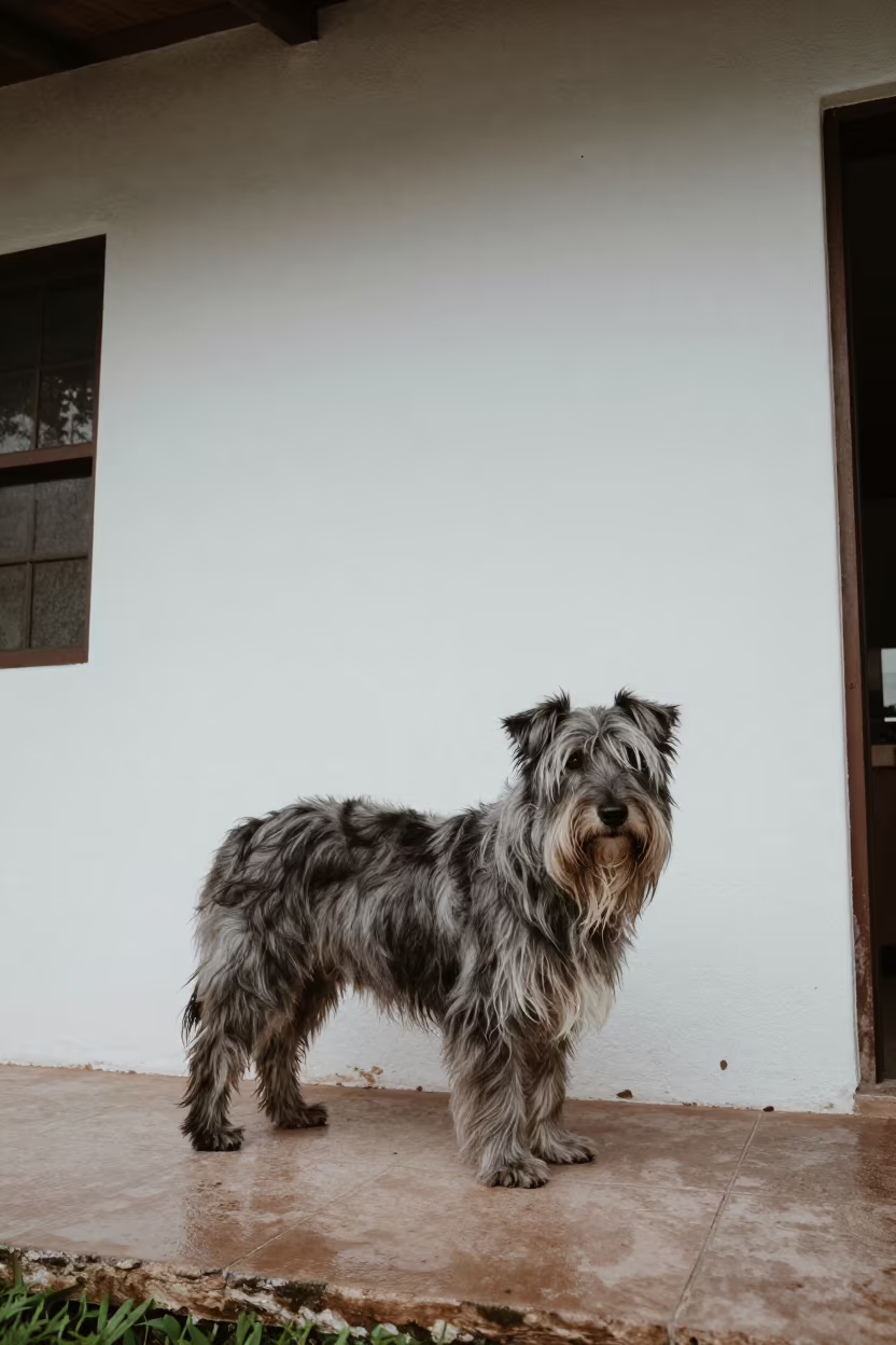 Bearded Collie Shaded Porch Cancun Courtyard in beside a plain courtyard wall in clear daylight with the animal at eye level in Cancun