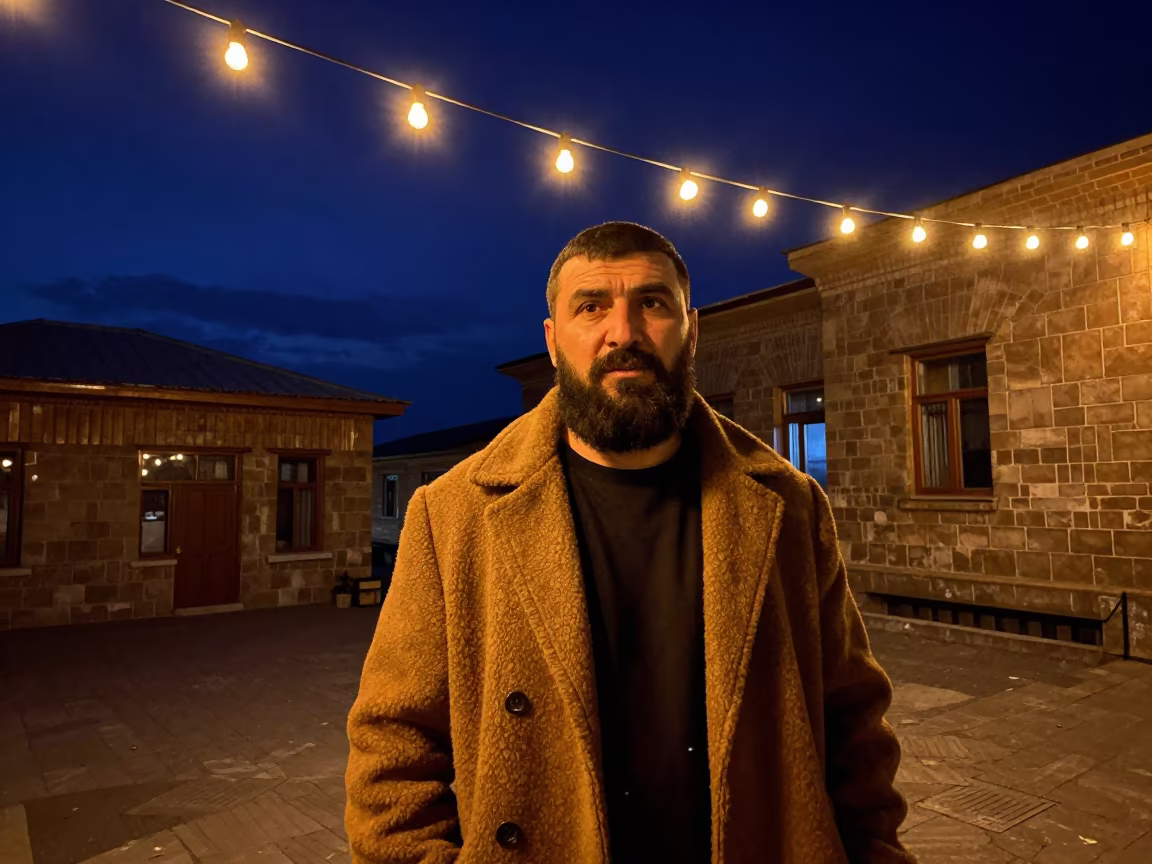 Bearded Guide Under Night Lights Bishkek in in the old quarter in Bishkek