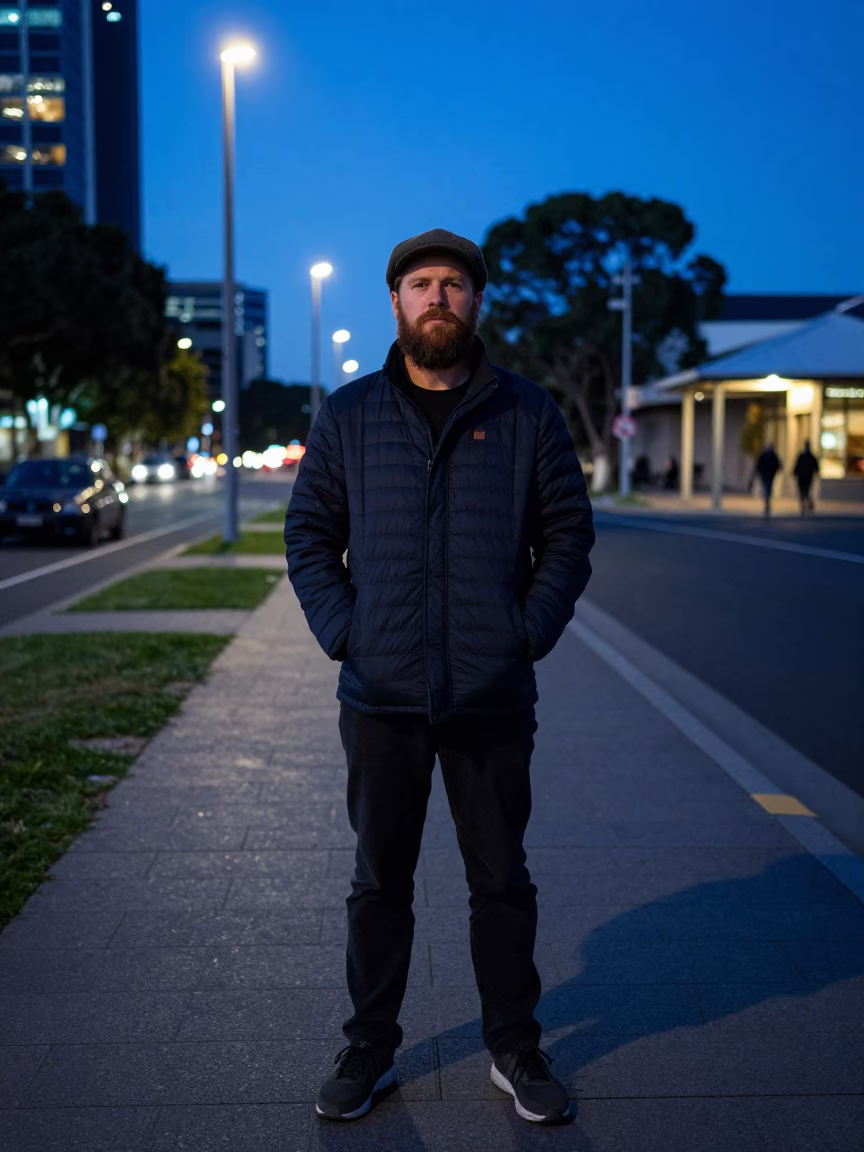 Bearded Man in Adelaide at The Last Blue Light Of Evening in in Adelaide, South Australia, Australia
