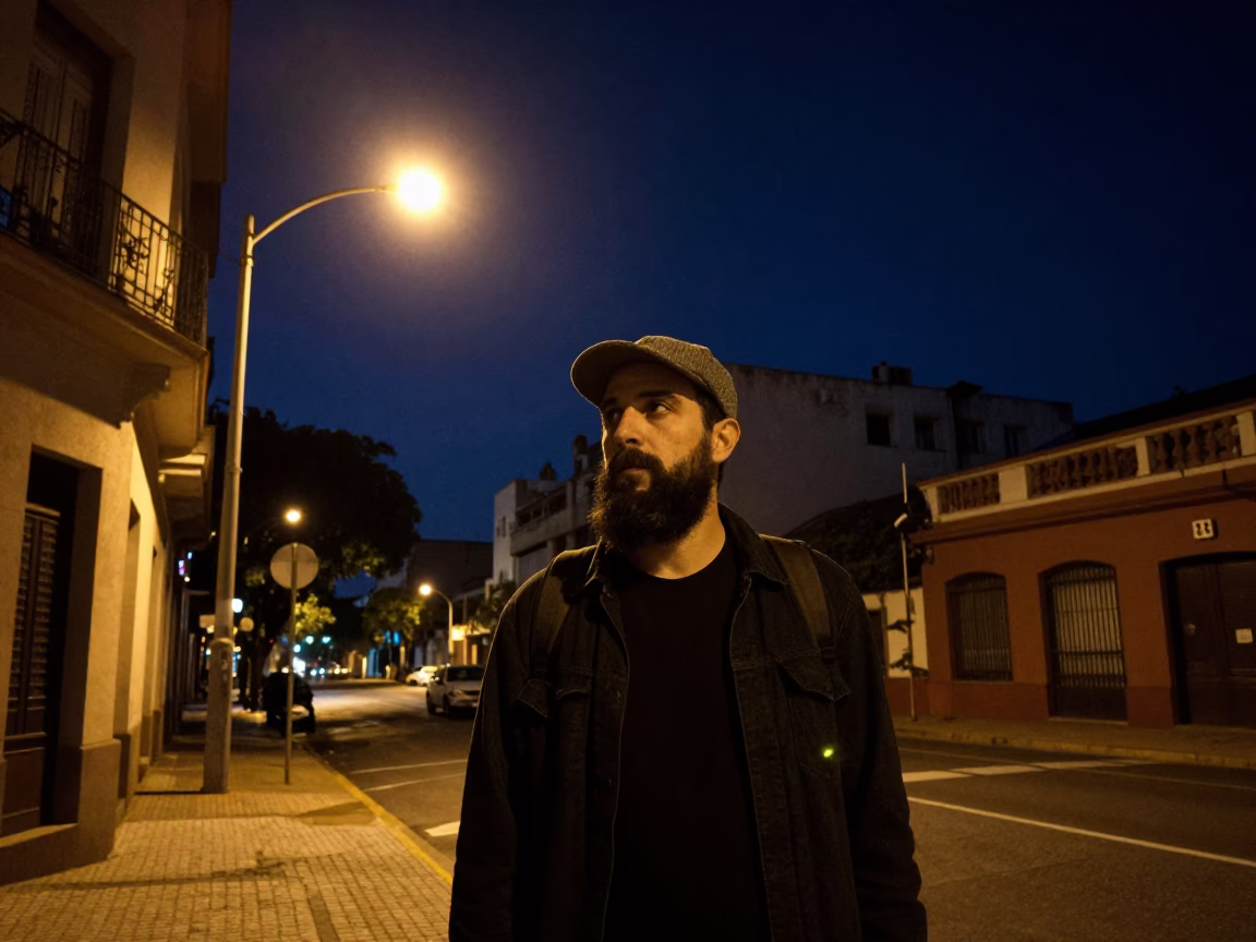 Bearded Man in Buenos Aires at The Deepest Night Sky Light in in Buenos Aires, Argentina