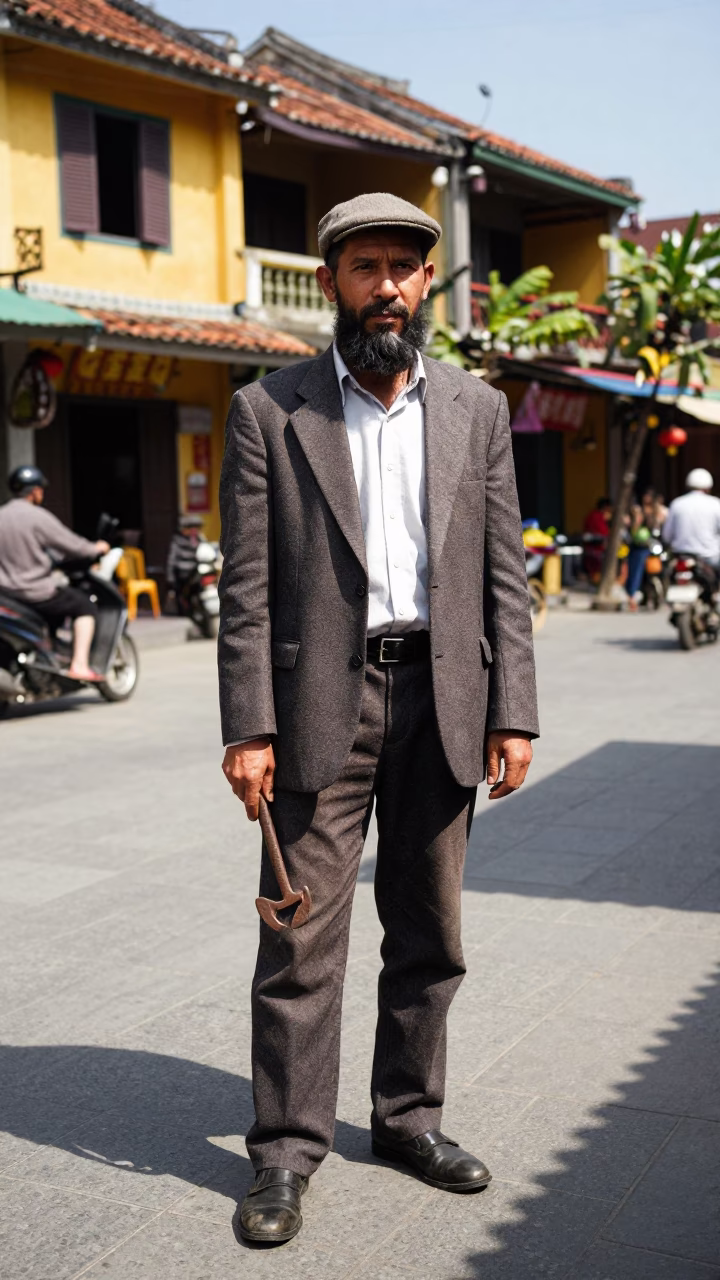 Bearded Man in Hoi An at The Flat Glare Of Noon Light in in Hoi An, Vietnam