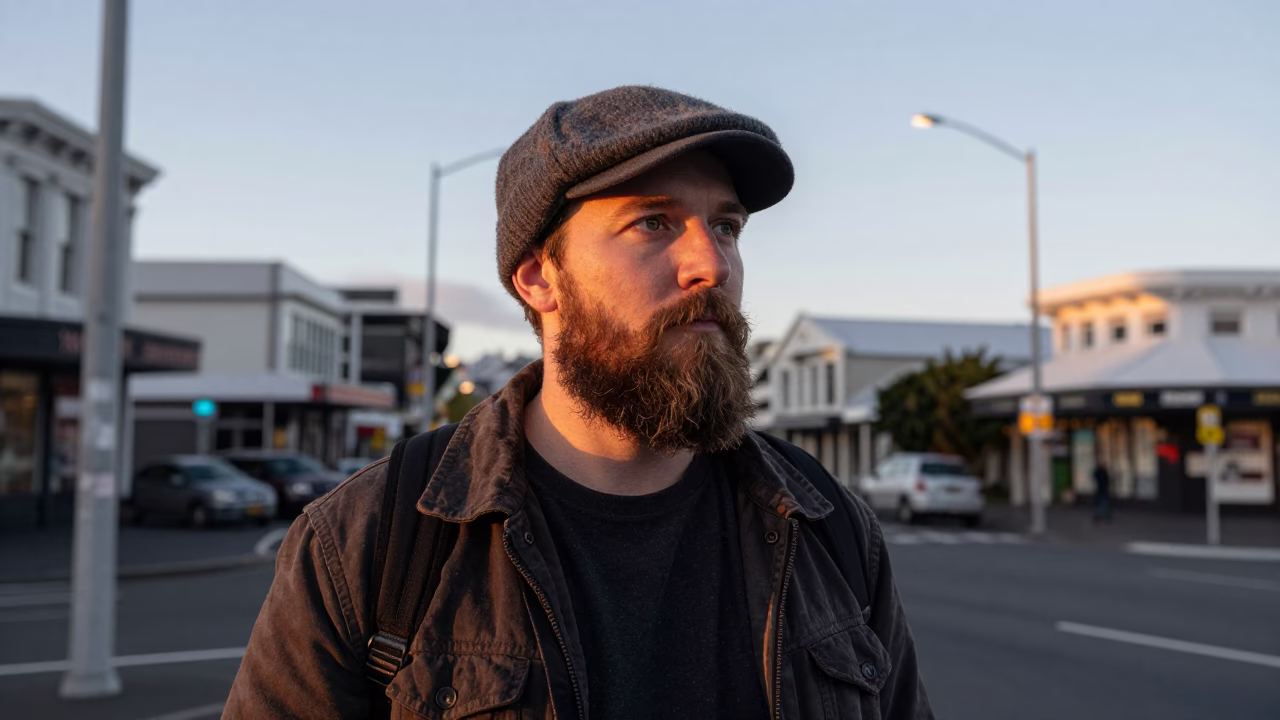Bearded Man in Wellington at The Early Evening Light in in Wellington, New Zealand