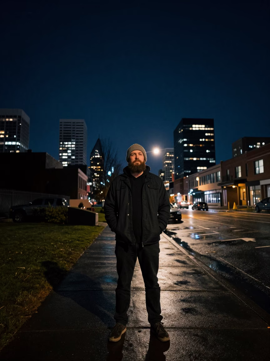 Bearded Man in Wool Cap Under Deep Night Sky in Portland Oregon in in Portland, Oregon, United States