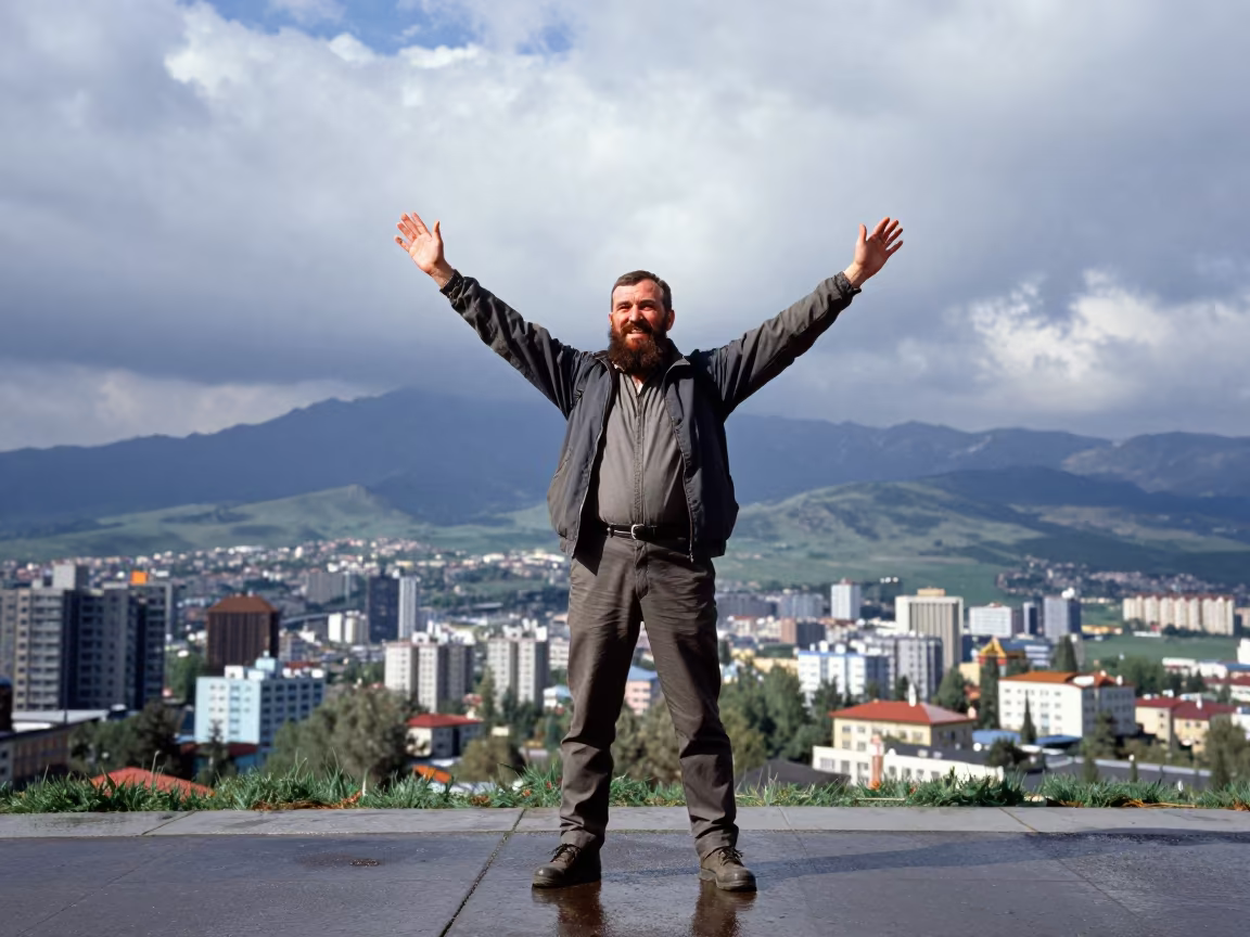 Bearded Mountain Guide Under Overcast Noon in Almaty in in Almaty