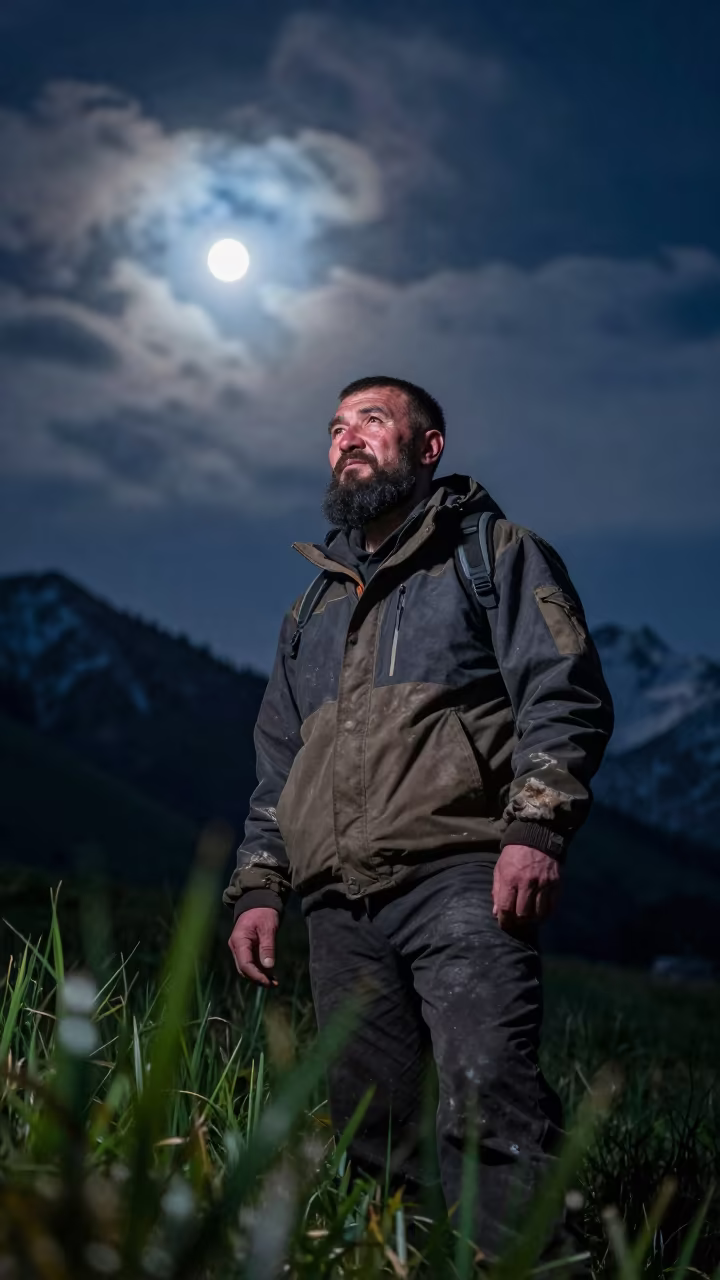 Bearded Mountain Guide Under Night Moonlight in near Almaty
