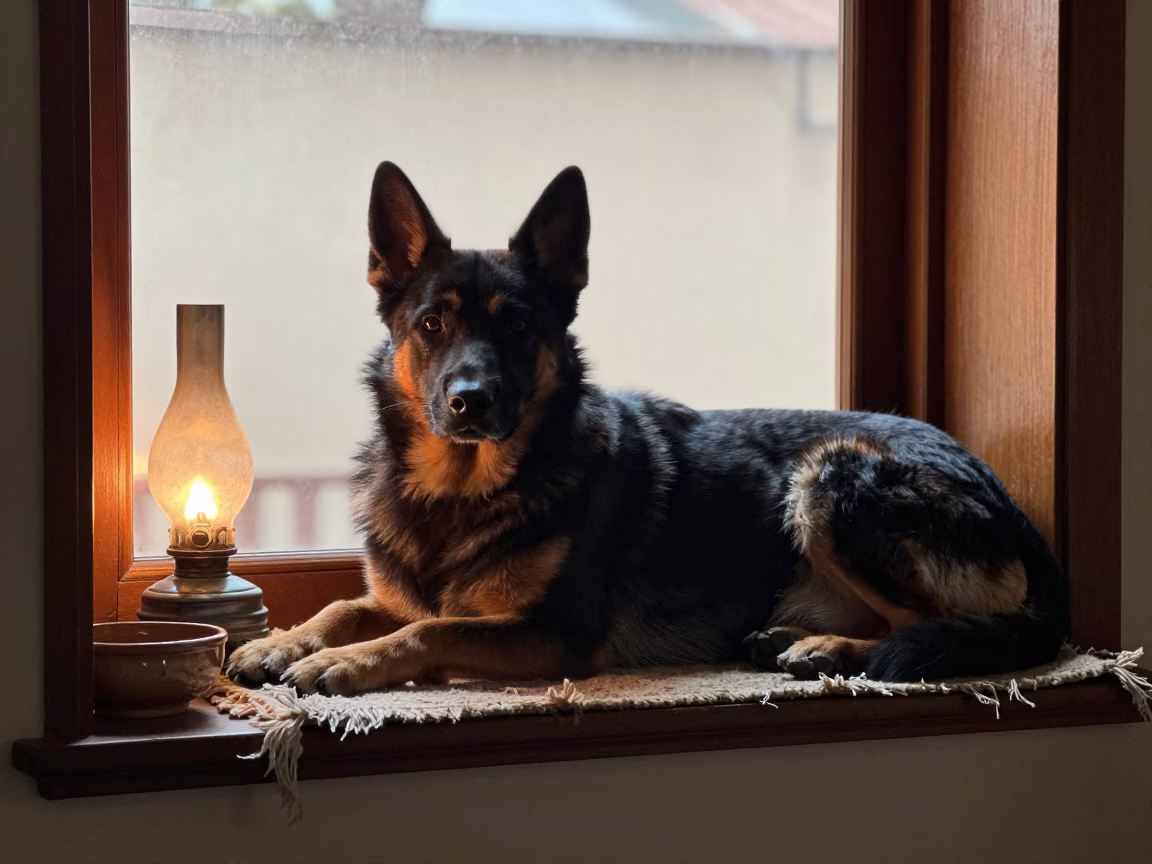 Beauceron Dog Resting on Apartment Window Seat in on a window seat in a quiet apartment with soft side light in Kampala