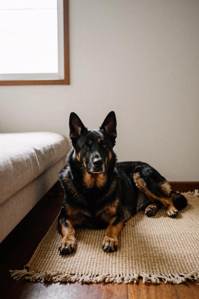 Beauceron Dog Resting on Rug in Okinawa Home in on a woven rug beside a low couch and an uncluttered wall in Okinawa