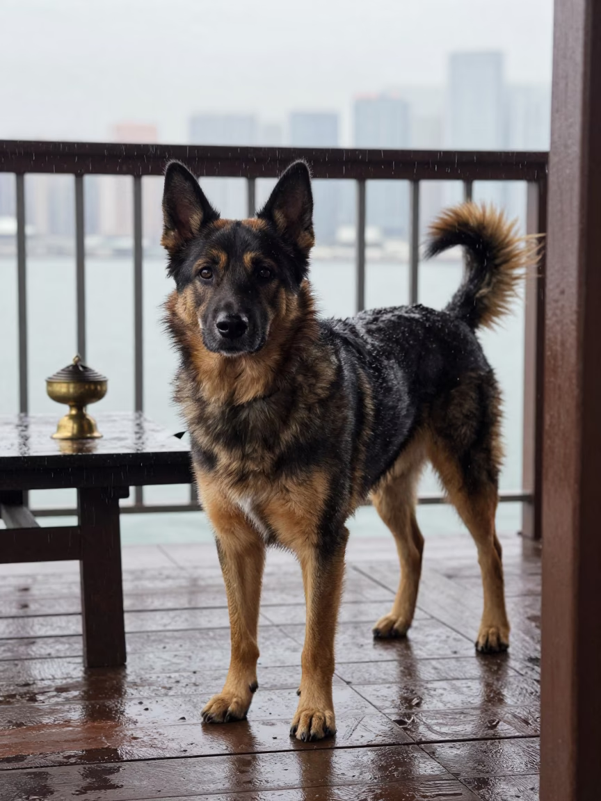 Beauceron Dog Shaded Hong Kong Porch 1982 in on a shaded front porch with boards, railings, and eye-level framing in Hong Kong
