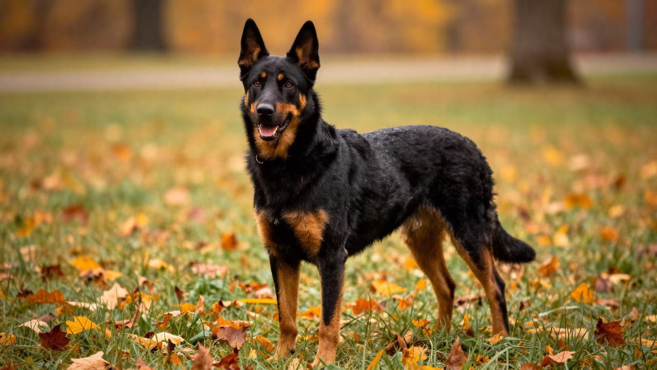 Beauceron in Autumn Evening Park Light in along a quiet park path with soft open shade and a clean background in Oral