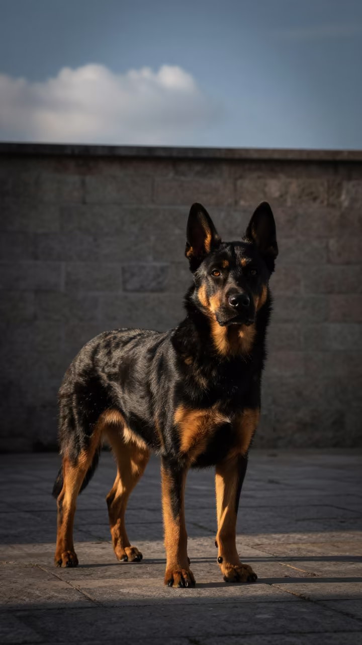 Beauceron in Gemlik Courtyard Before Sunrise in beside a plain courtyard wall in clear daylight with the animal at eye level in Gemlik