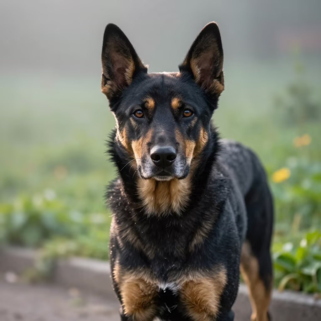 Beauceron Portrait Morning Light Kharkiv Garden in near a garden edge with soft morning light and an uncluttered background in Kharkiv