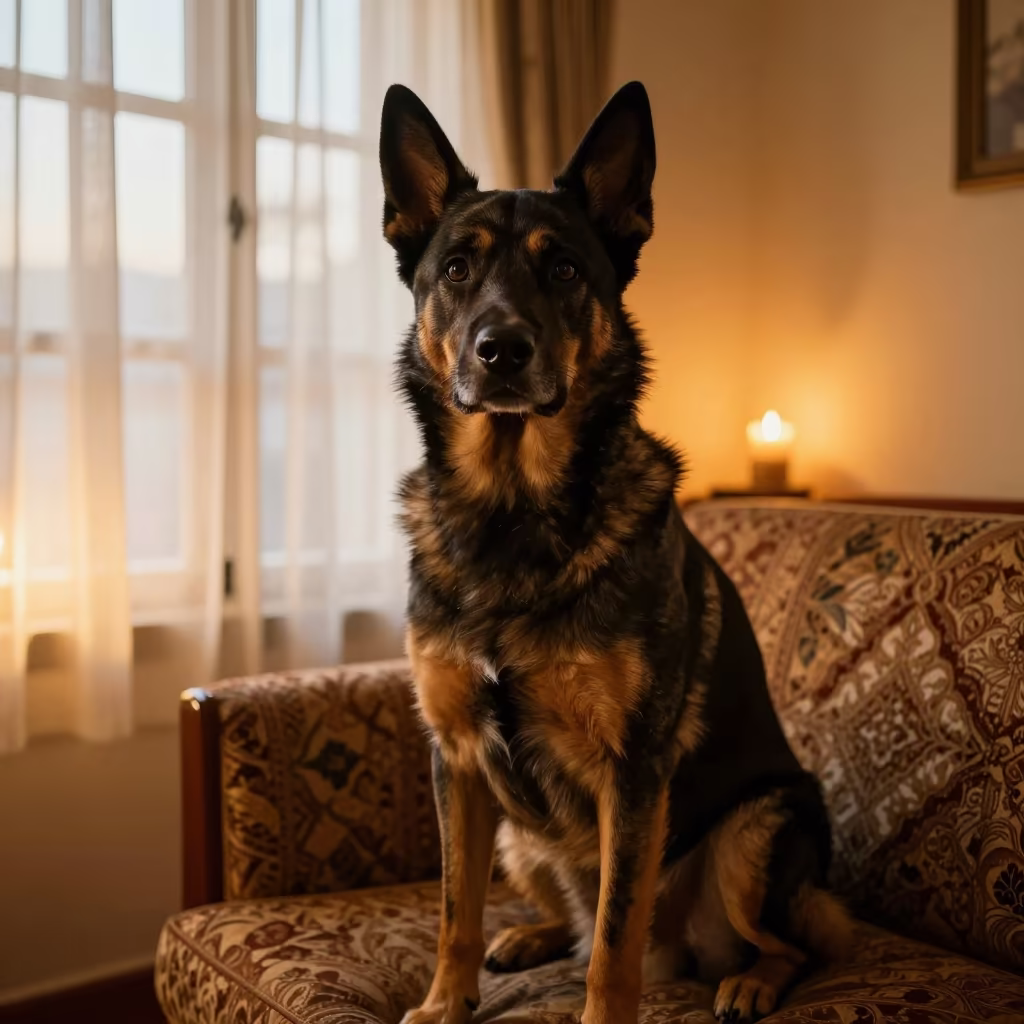 Beauceron Portrait on Sofa Near Window in Udaipur in on a sofa near a curtained window with calm indoor light in Udaipur