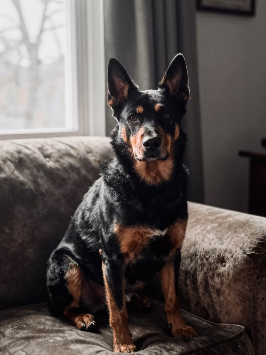 Beauceron Portrait With Copper Light On Sofa in on a sofa near a curtained window with calm indoor light in Noida