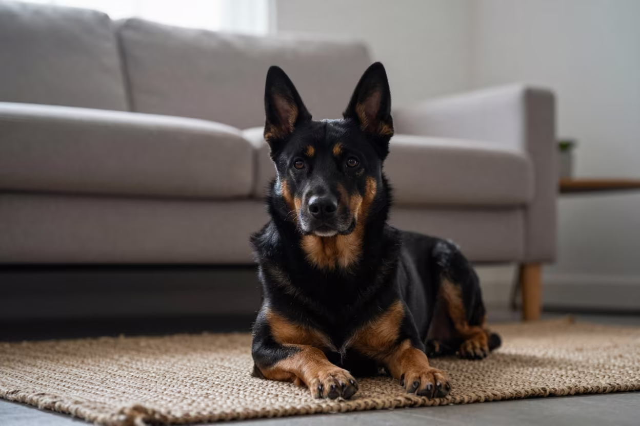 Beauceron Resting on Rug in Shenzhen Home in on a woven rug beside a low couch and an uncluttered wall near Shenzhen