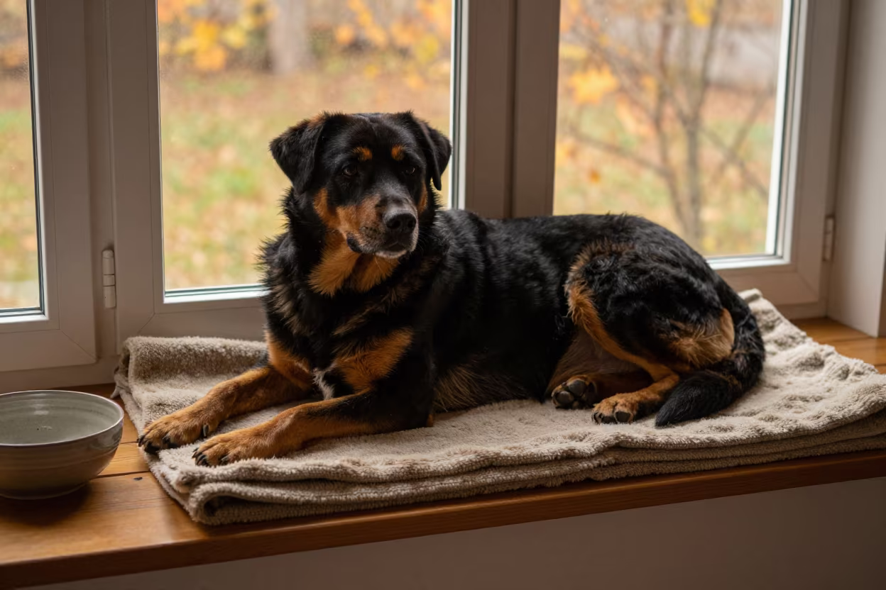Beauceron Resting on Window Seat in Golden Light in on a window seat in a quiet apartment with soft side light in Milton Keynes