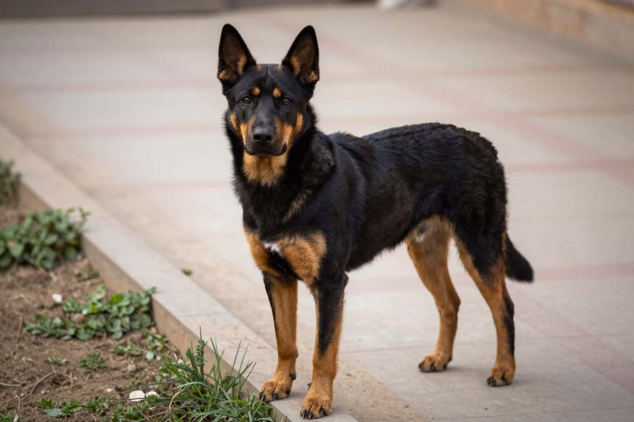 Beauceron Standing in Garden Yard Morning Light in near a garden edge with soft morning light and an uncluttered background in Dera Ghazi Khan