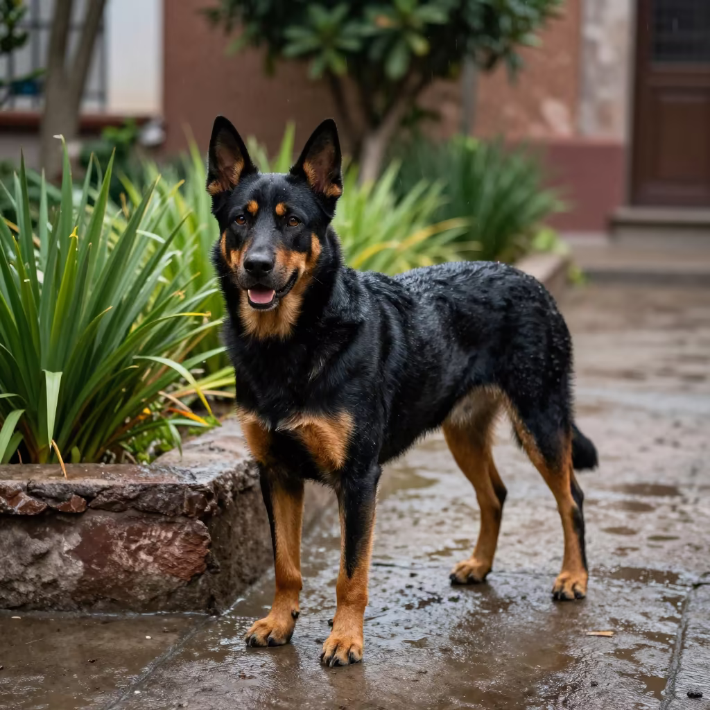 Beauceron Standing in San Angel Yard Morning in near a garden edge with soft morning light and an uncluttered background near San Angel, Mexico City