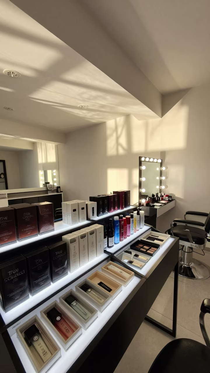 Beauty Counter Display Beside Barber Station Tbilisi in at a barber station beneath mirror bulbs near Sololaki, Tbilisi