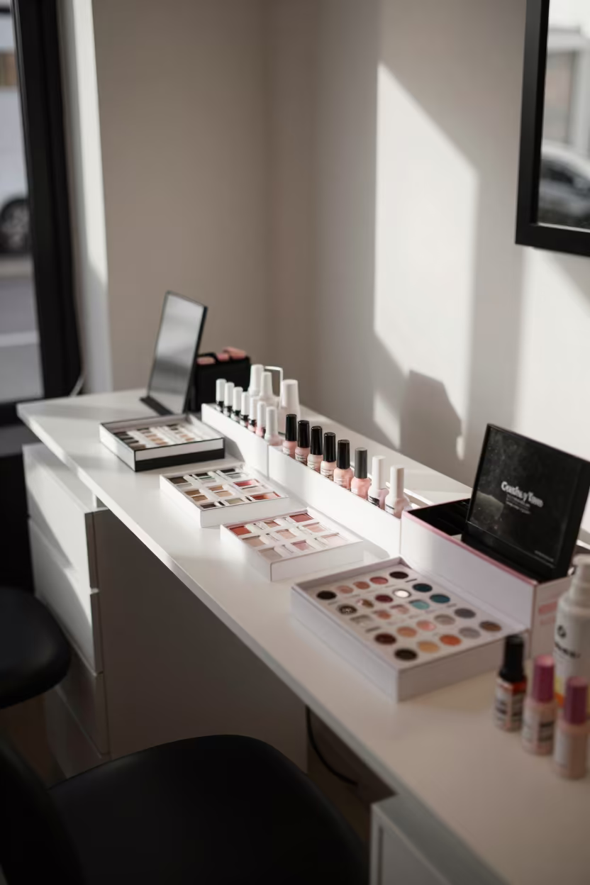 Beauty Counter with Sample Trays and Travel Sets in inside a nail studio near Concha y Toro, Santiago