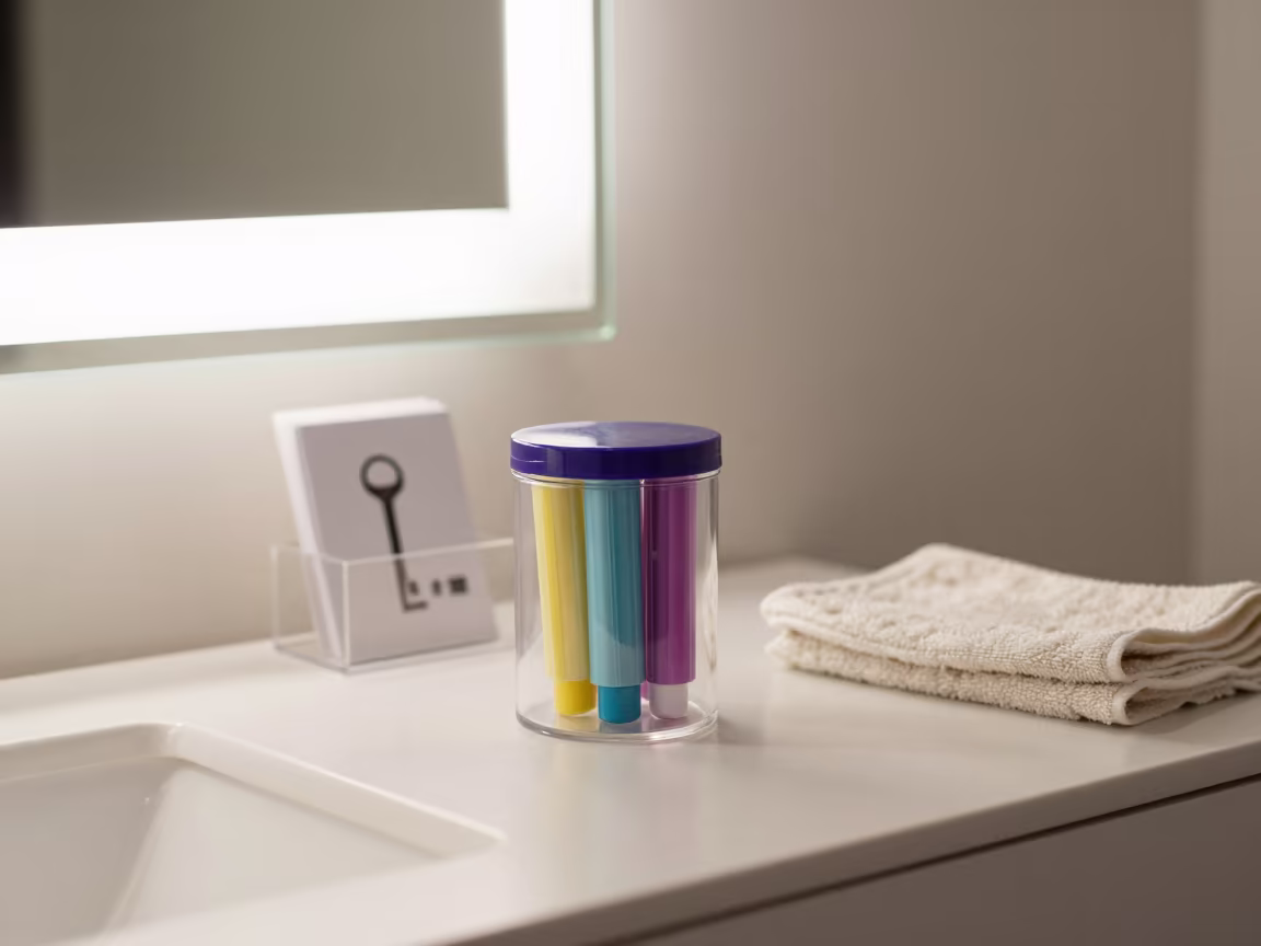 Beauty Key Jar Under Bright Mirror Light in in a beauty supply area under white LEDs in Buffalo