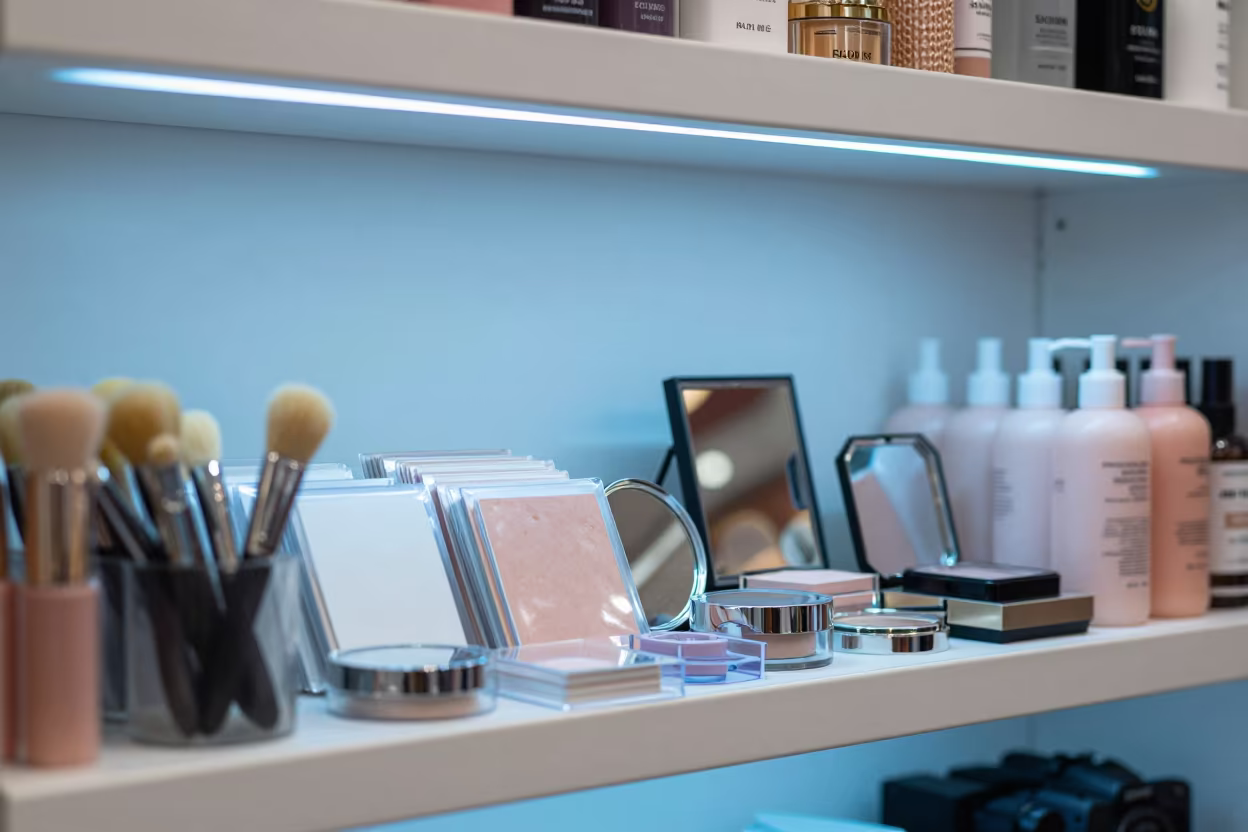Beauty Returns Shelf Under Cool Twilight Light in in a beauty supply area under white LEDs near Soubré