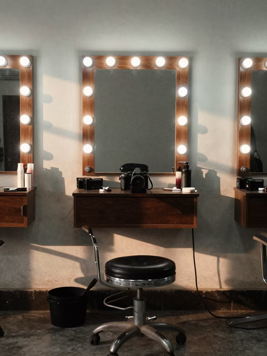 Beauty Shelf Stool Jhansi Dawn Light in at a barber station beneath mirror bulbs near Jhansi
