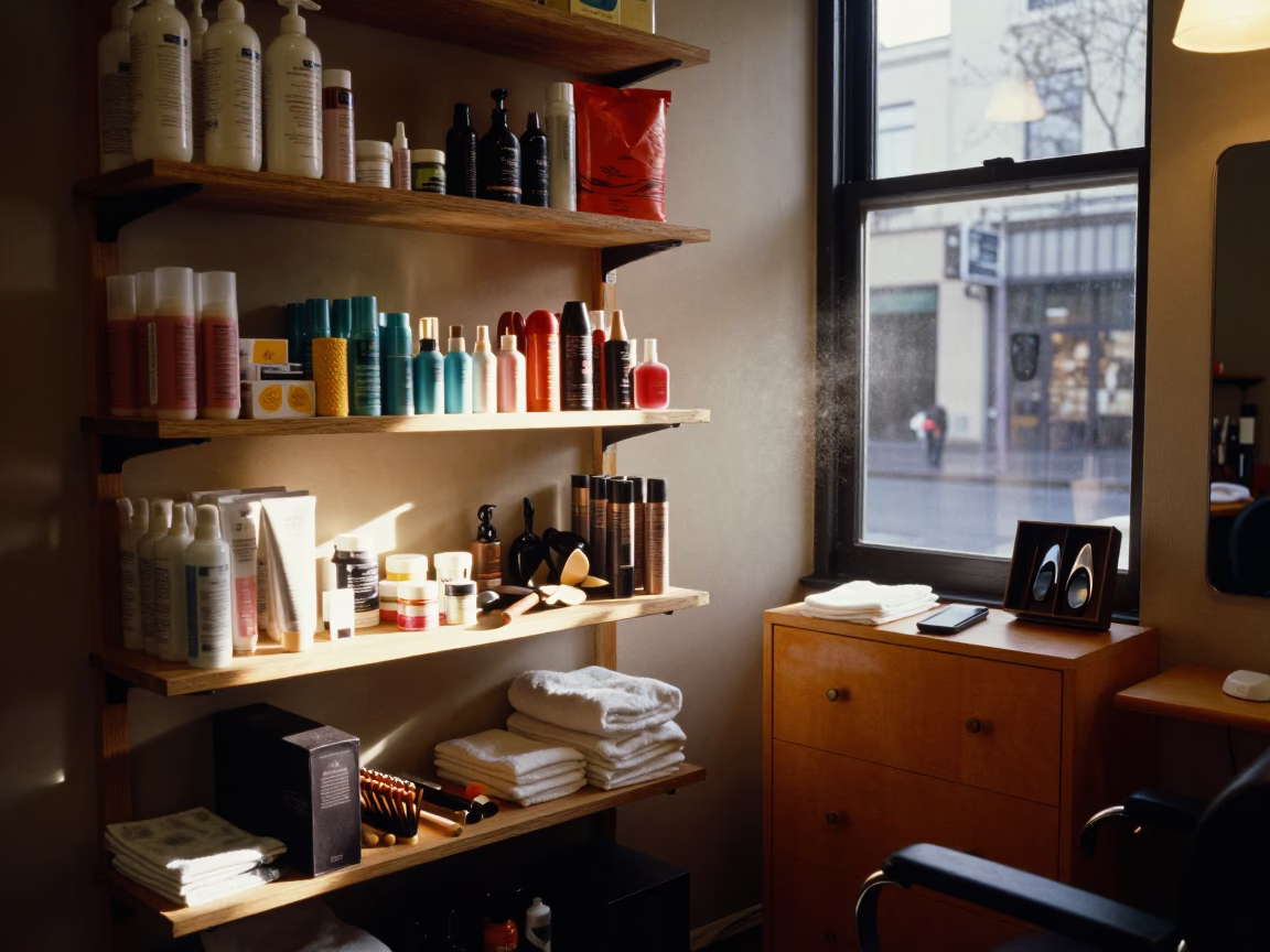 Beauty Supplies on Shelf Beside Towel Cabinet in inside a salon row in 44 Stanley, Johannesburg