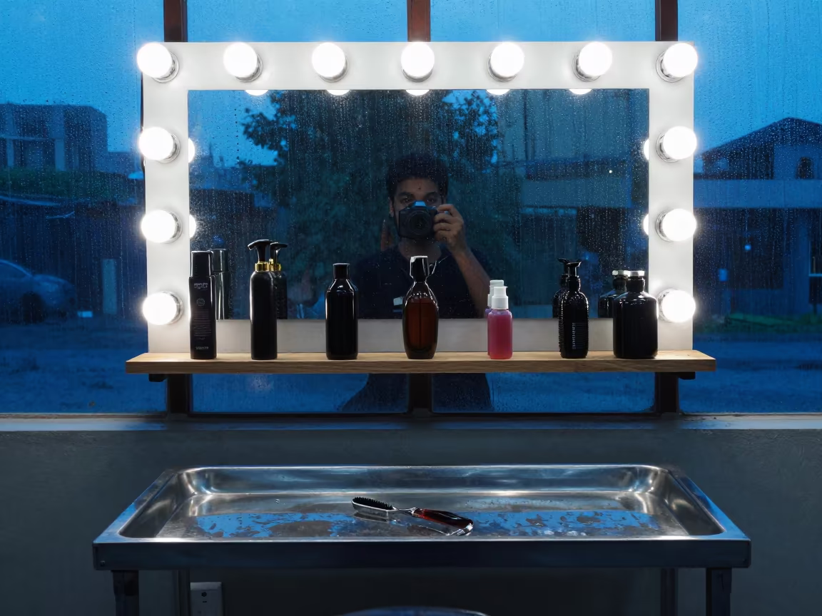 Beauty Supplies on Tray at Blue Hour Faisalabad in at a barber station beneath mirror bulbs in Faisalabad