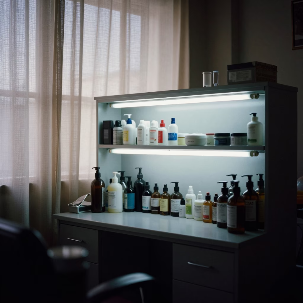 Beauty Supply Backbar Shelf Dawn Light Sialkot in in a beauty supply area under white LEDs in Sialkot