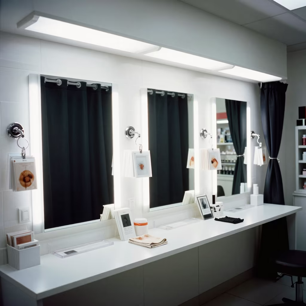 Beauty Supply Room Curtain Tie in Mirror Light in in a beauty supply area under white LEDs in Edmonton